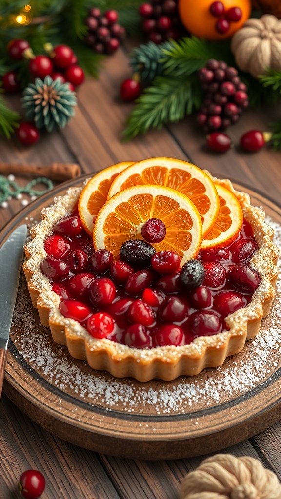 A cranberry orange tart with a golden crust and red filling, garnished with powdered sugar and orange slices.